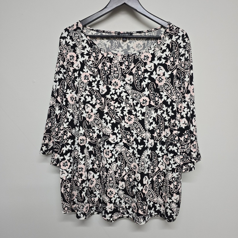 Roz & Ali Paisley Blouse Women 2X Black Pink Polyester Bell Sleeve Boho Top